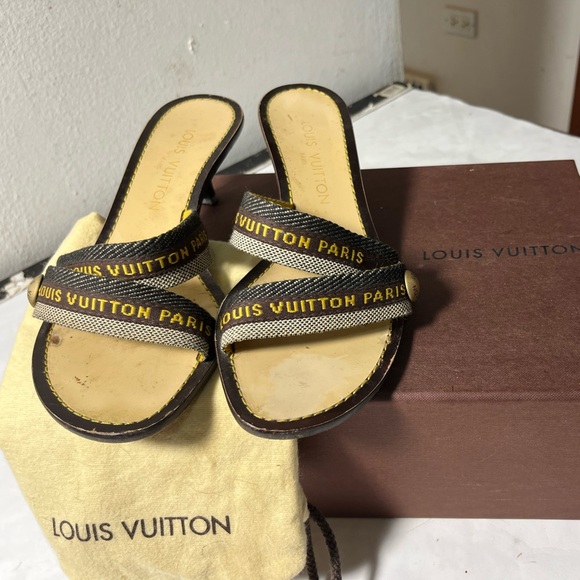 Louis Vuitton Canvas Logo Strap Kitten Heel Sandals - Picture 1 of 11